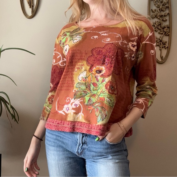 Y2K Floral Beaded Quarter Sleeve Top - Picture 7 of 9